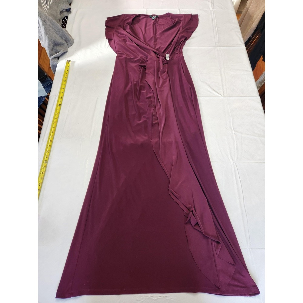 Lauren Ralph Lauren Dress Womens 12 Burgundy Maxi Faux Wrap Ruched Gown Formal